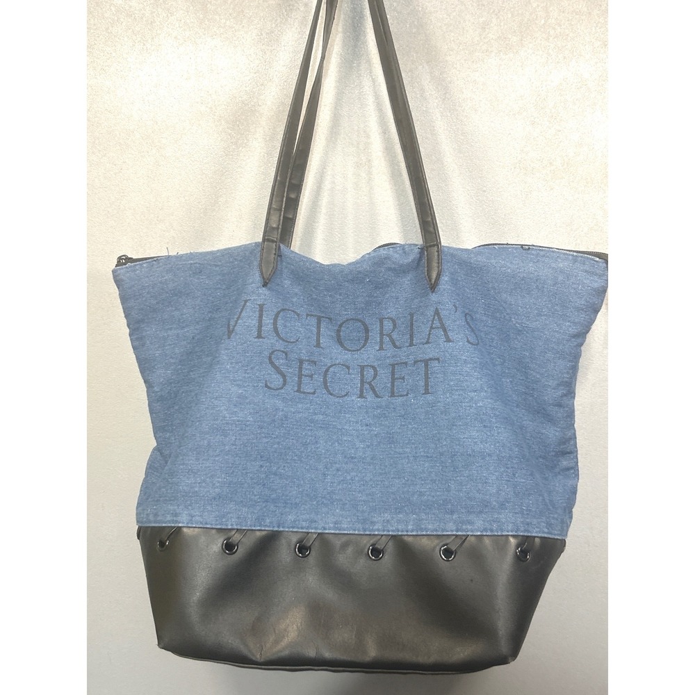 Victoria's Secret Blue Denim Black Faux Leather Travel Weekender Tote Bag 2018